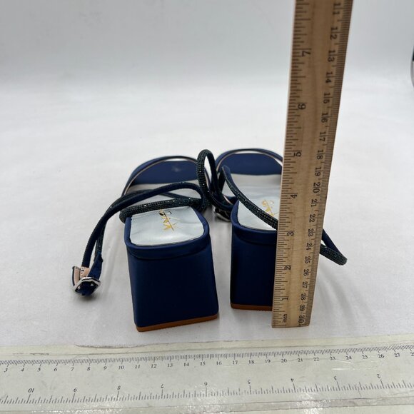 XYD Navy Open Toe Sandals Chunky Heels Rhinestone Ankle Strap with Buckle Shoes - Picture 5 of 8